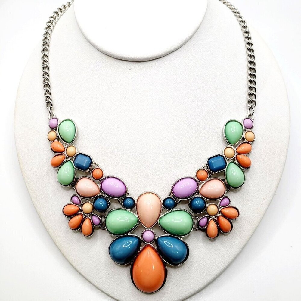 Pastel Statement Necklace Silver Tone Spring Summer Bold 10" Drop & Extender EUC